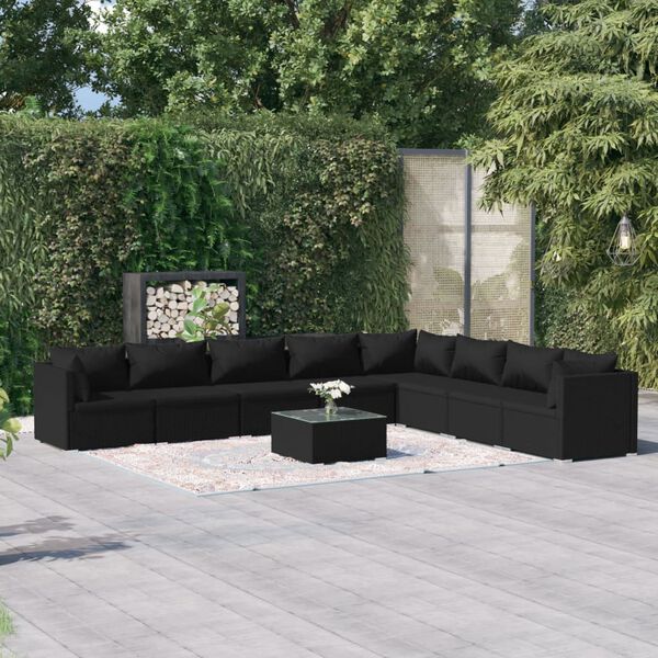 vidaXL Salon de jardin 9 pcs avec coussins Résine tressée Noir