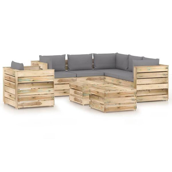 vidaXL Salon de jardin 8 pcs avec coussins Bois impr&eacute;gn&eacute; de vert