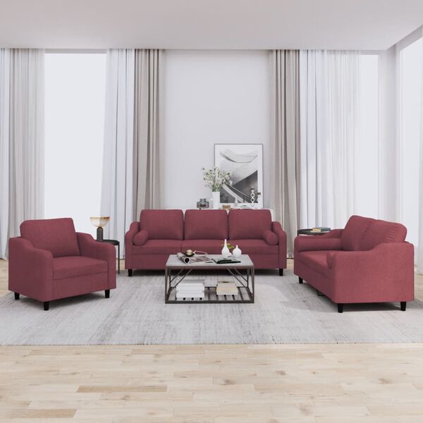 vidaXL Ensemble de canapés 3 pcs avec coussins rouge bordeaux tissu