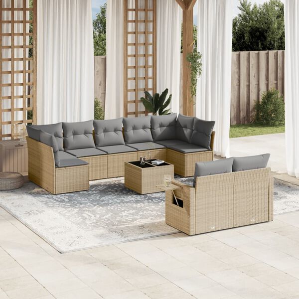 vidaXL Salon de jardin avec coussins 10 pcs beige r&eacute;sine tress&eacute;e