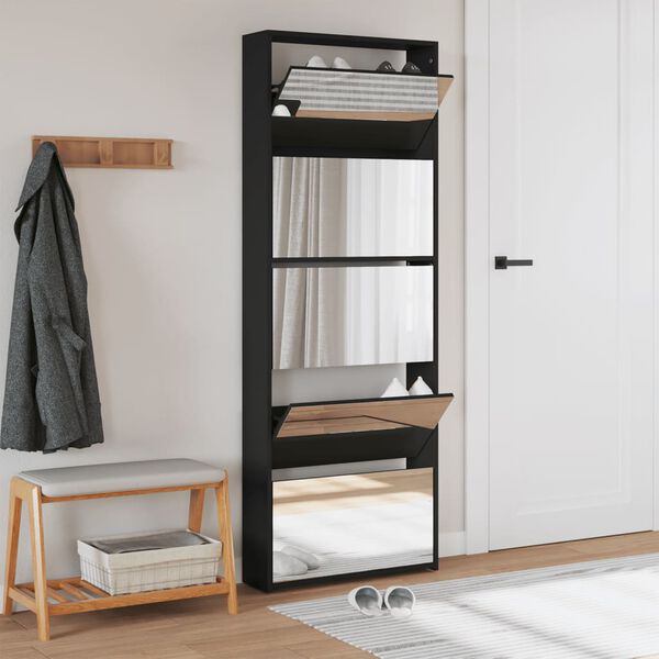 vidaXL Armoire &agrave; chaussures avec miroir 5 niveaux noir 63x17x169,5 cm