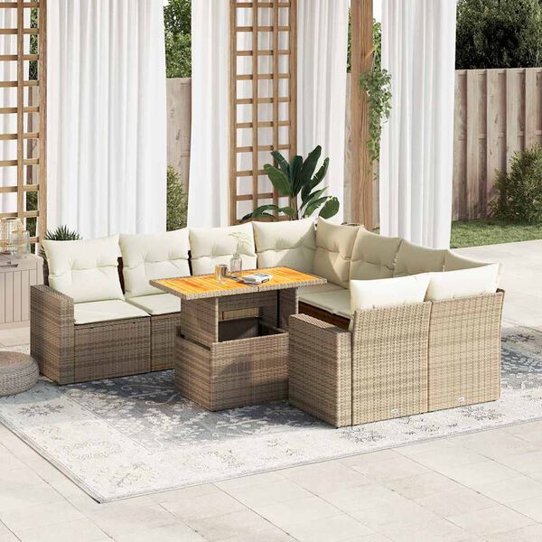 vidaXL Salon de jardin avec coussins 9 pcs beige r&eacute;sine tress&eacute;e