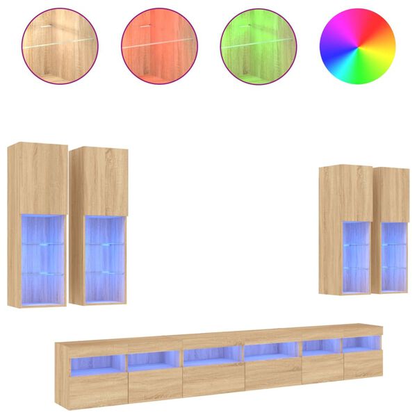 vidaXL Ensemble de meubles TV muraux 7pcs et lumi&egrave;res LED ch&ecirc;ne sonoma