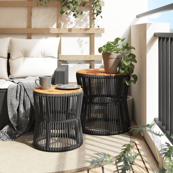 vidaXL Tables d'appoint de jardin 2 pcs dessus en bois noir poly rotin