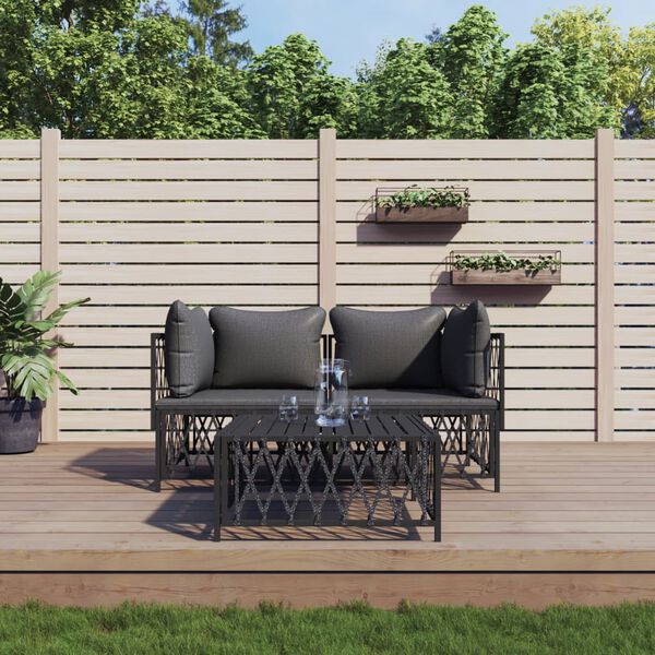 vidaXL Salon de jardin avec coussins 3 pcs anthracite acier