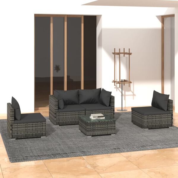 vidaXL Salon de jardin 5 pcs avec coussins Résine tressée Gris