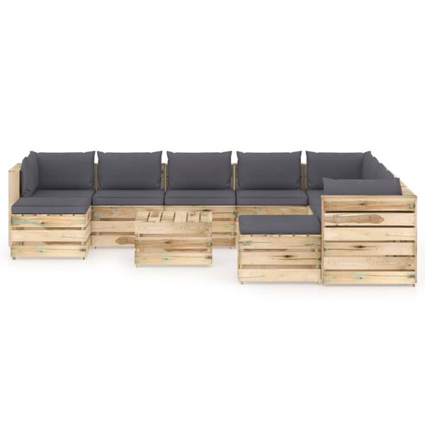 vidaXL Salon de jardin 11 pcs avec coussins Bois impr&eacute;gn&eacute; de vert