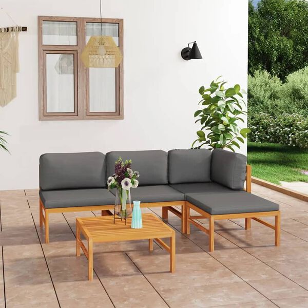 vidaXL Salon de jardin 5 pcs avec coussins gris Bois de teck solide