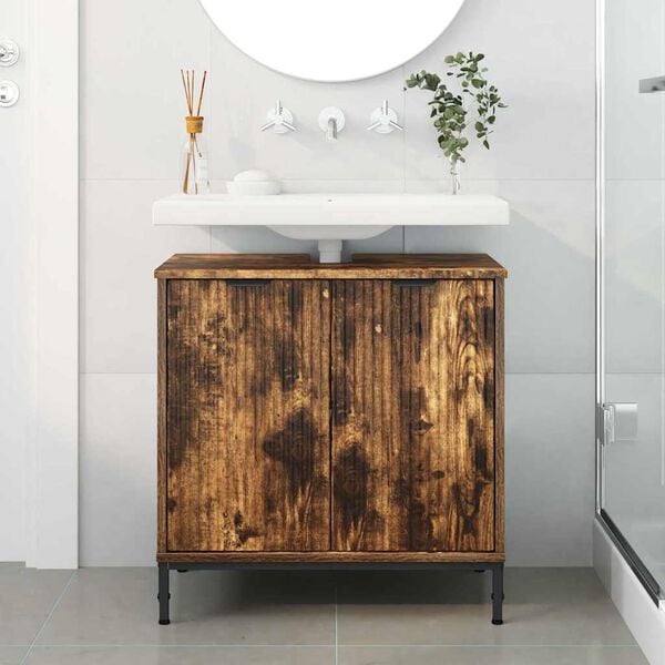 vidaXL Meuble de Lavabo de Salle de Bain avec stockage Ch&ecirc;ne fum&eacute;