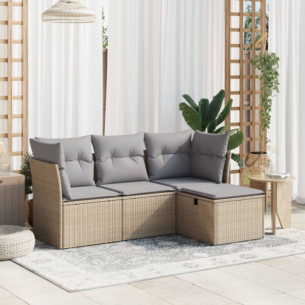 vidaXL Salon de jardin avec coussins 4pcs m&eacute;lange beige r&eacute;sine tress&eacute;e