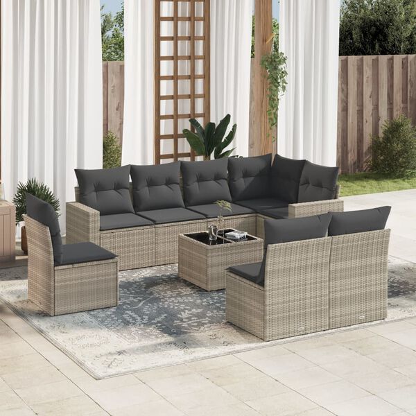 vidaXL Salon de jardin 9 pcs avec coussins gris clair r&eacute;sine tress&eacute;e
