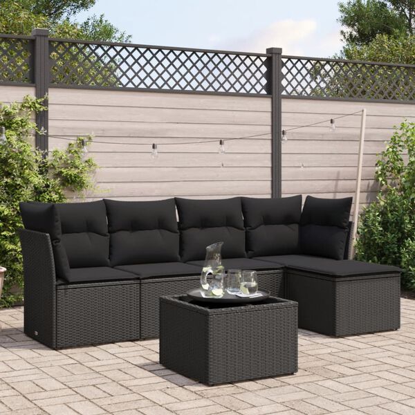 vidaXL Salon de jardin 6 pcs avec coussins noir r&eacute;sine tress&eacute;e