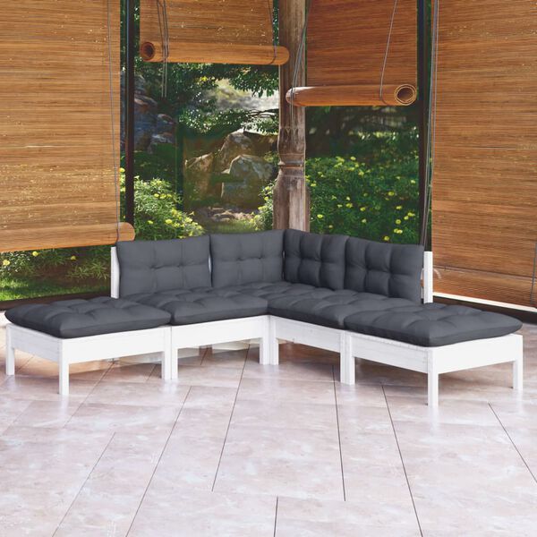vidaXL Salon de jardin 5 pcs avec coussins blanc bois de pin