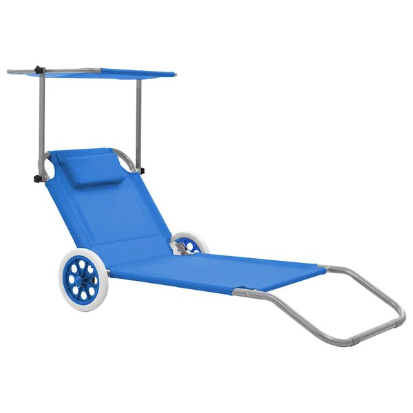 vidaXL Chaise longue pliable avec auvent et roues Acier Bleu