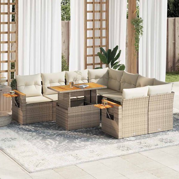 vidaXL Salon de jardin avec coussins 9 pcs beige résine tressée acacia