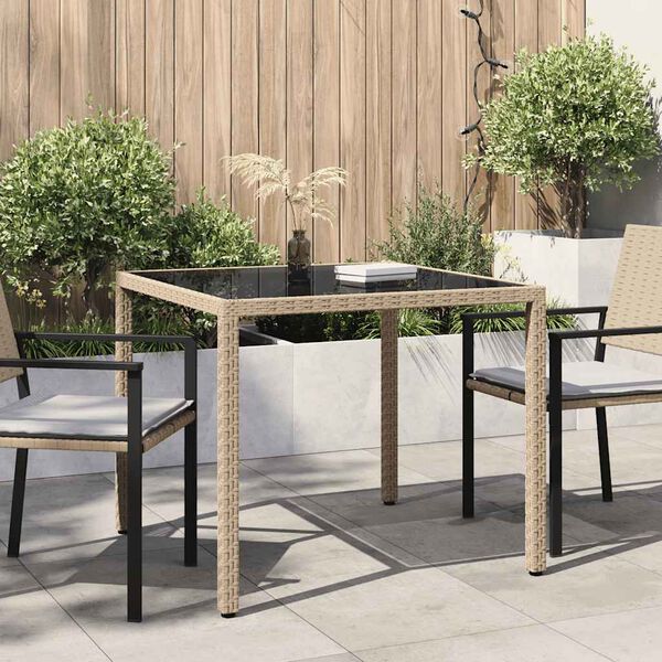 vidaXL Table de jardin 90x90x75cm Verre tremp&eacute; et r&eacute;sine tress&eacute;e Beige