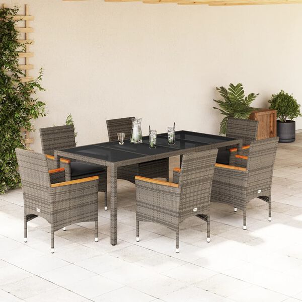 vidaXL Ensemble &agrave; manger de jardin et coussins 7 pcs gris rotin verre