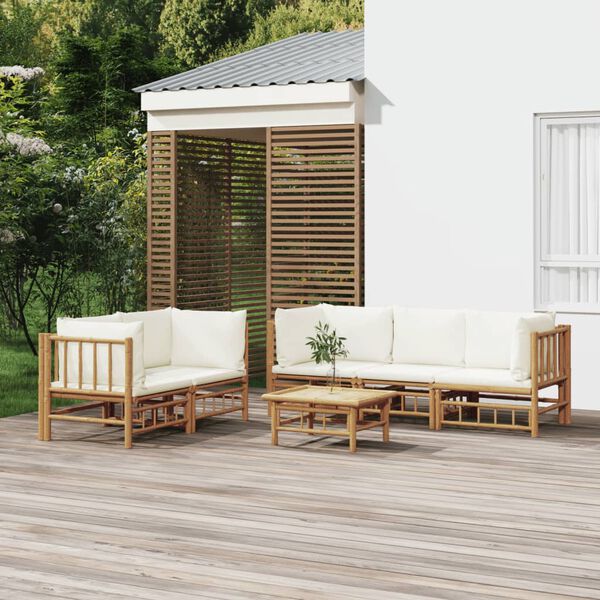 vidaXL Salon de jardin 6 pcs avec coussins blanc crème bambou
