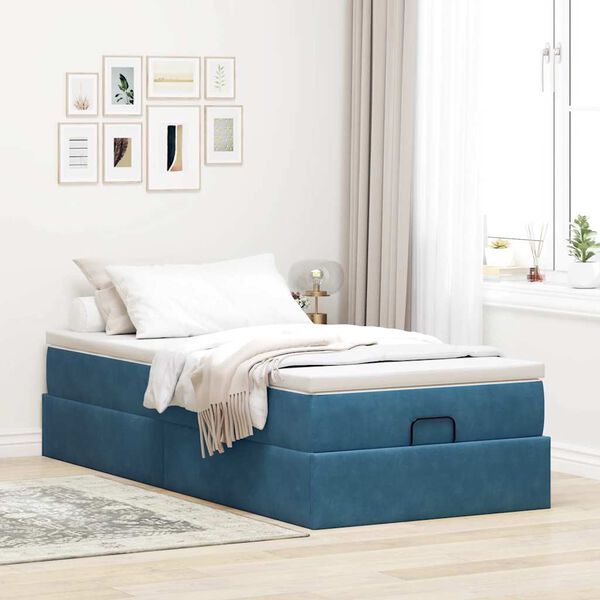 vidaXL Cadre de lit ottoman avec matelas bleu fonc&eacute; 90x200 cm velours