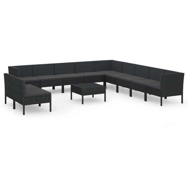 vidaXL Salon de jardin 12 pcs avec coussins r&eacute;sine tress&eacute;e noir