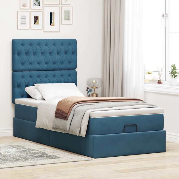 vidaXL Cadre de lit ottoman avec matelas bleu foncé 90x190 cm velours