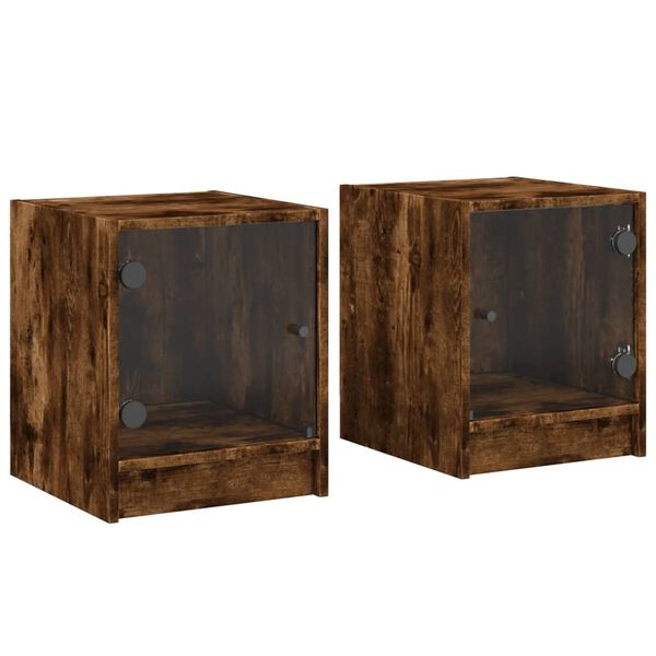 vidaXL Tables de chevet et portes vitr&eacute;es 2 pcs ch&ecirc;ne fum&eacute; 35x37x42 cm