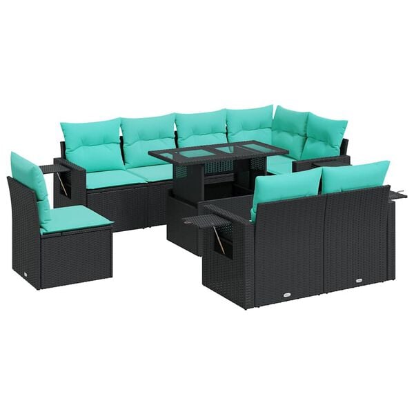 vidaXL Salon de jardin avec coussins 9 pcs noir r&eacute;sine tress&eacute;e acacia