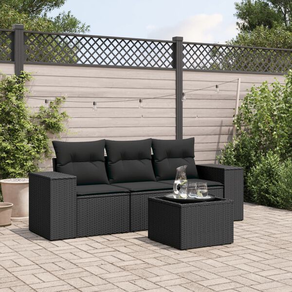 vidaXL Salon de jardin 4 pcs avec coussins noir r&eacute;sine tress&eacute;e