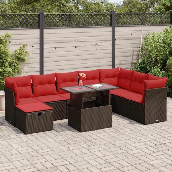 vidaXL Salon de jardin avec coussins 9pcs marron r&eacute;sine tress&eacute;e acacia