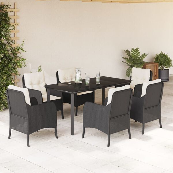 vidaXL Ensemble &agrave; manger de jardin coussins 7pcs Noir R&eacute;sine tress&eacute;e