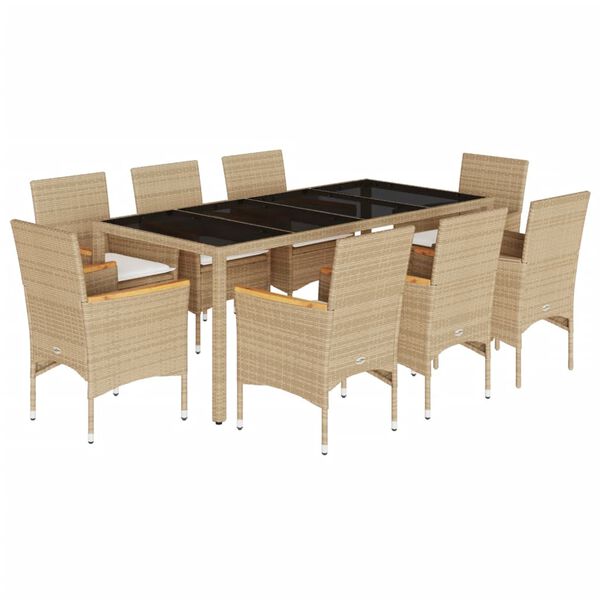 vidaXL Ensemble &agrave; manger de jardin et coussins 9 pcs beige rotin verre