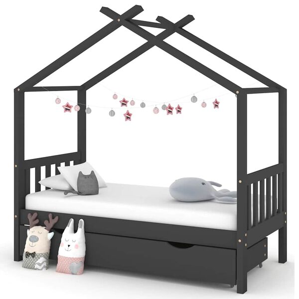 vidaXL Cadre de lit enfant avec tiroir gris fonc&eacute; pin massif 80x160 cm