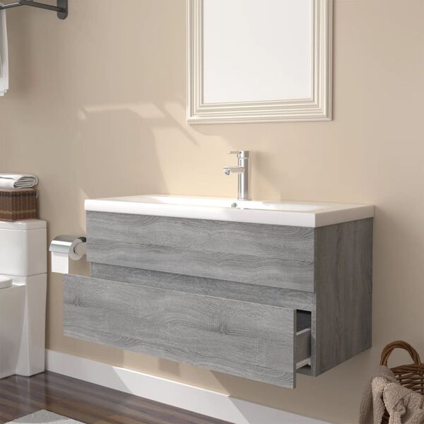 vidaXL Meuble lavabo avec bassin int&eacute;gr&eacute; Sonoma gris Bois d'ing&eacute;nierie