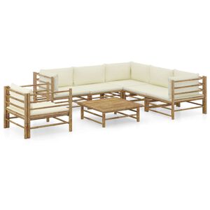 vidaXL Salon de jardin 7 pcs avec coussins blanc cr&egrave;me bambou