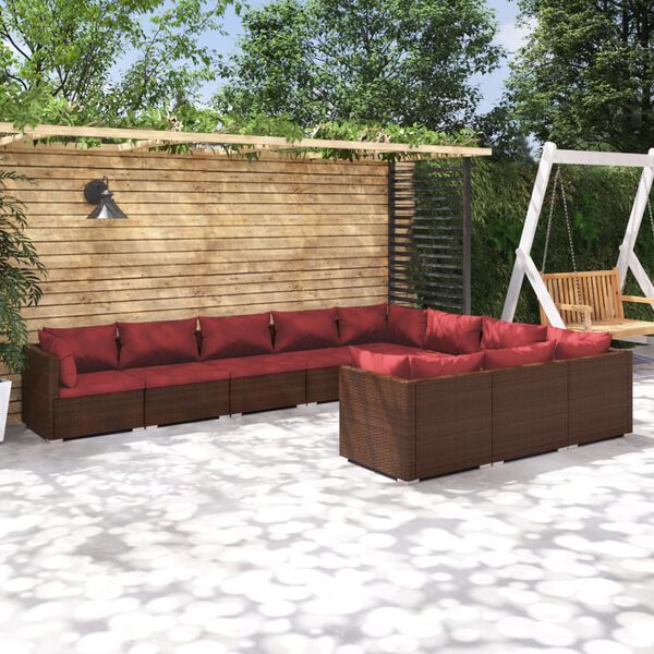 vidaXL Salon de jardin 10 pcs avec coussins R&eacute;sine tress&eacute;e Marron