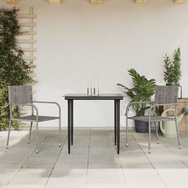 vidaXL Ensemble &agrave; manger de jardin 3pcs gris/noir r&eacute;sine tress&eacute;e/acier