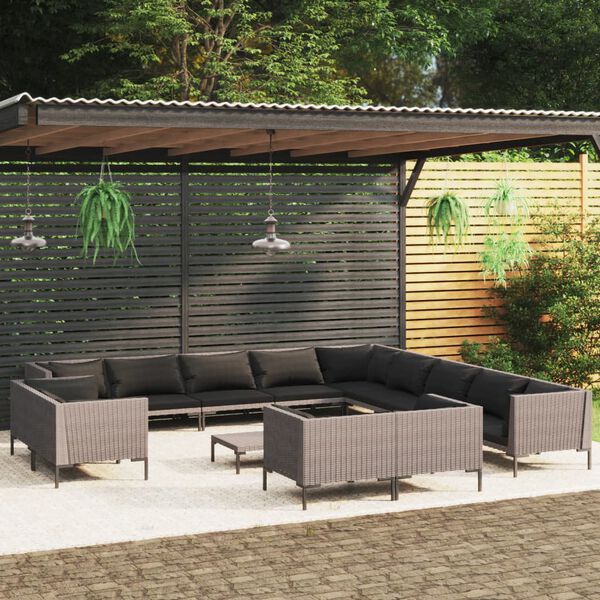 vidaXL Salon de jardin 14 pcs avec coussins R&eacute;sine tress&eacute;e Gris fonc&eacute;