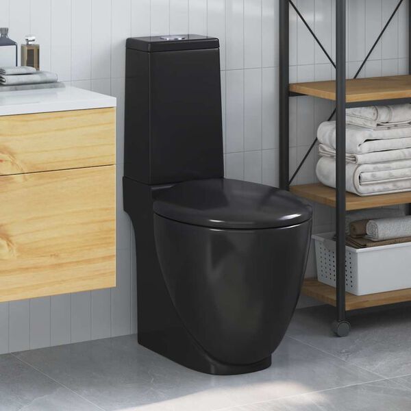 vidaXL Toilette en c&eacute;ramique ronde &eacute;coulement d'eau au fond noir