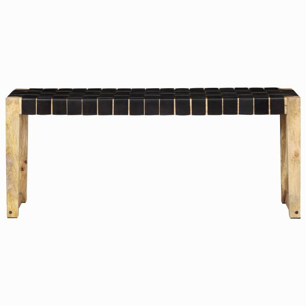 vidaXL Banc 110 cm Noir Cuir v&eacute;ritable et bois de manguier massif