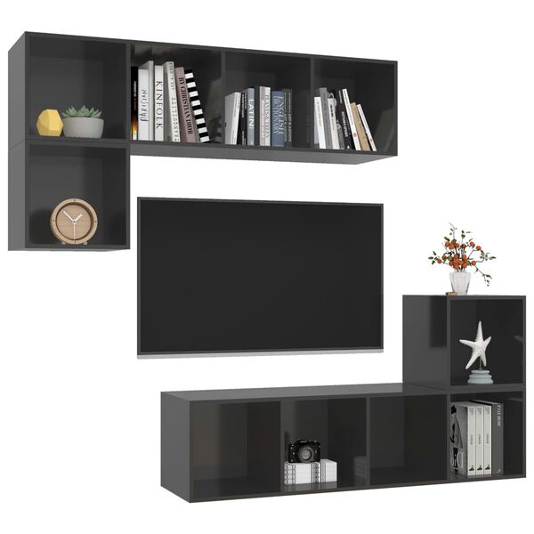 vidaXL Ensemble de meuble TV 4 pcs Gris brillant Bois d'ing&eacute;nierie