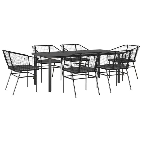 vidaXL Ensemble &agrave; manger de jardin coussins 7pcs noir poly rotin verre
