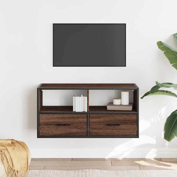 vidaXL Meuble TV ch&ecirc;ne marron 80x31x39,5 cm bois d'ing&eacute;nierie et m&eacute;tal