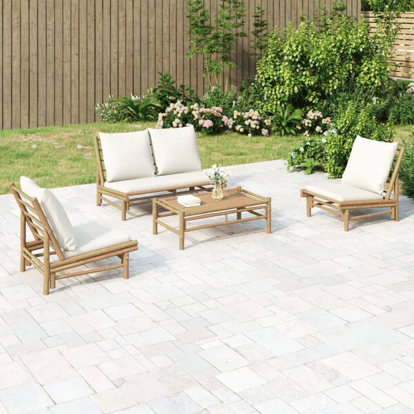 vidaXL Salon de jardin 4 pcs avec coussins blanc crème bambou
