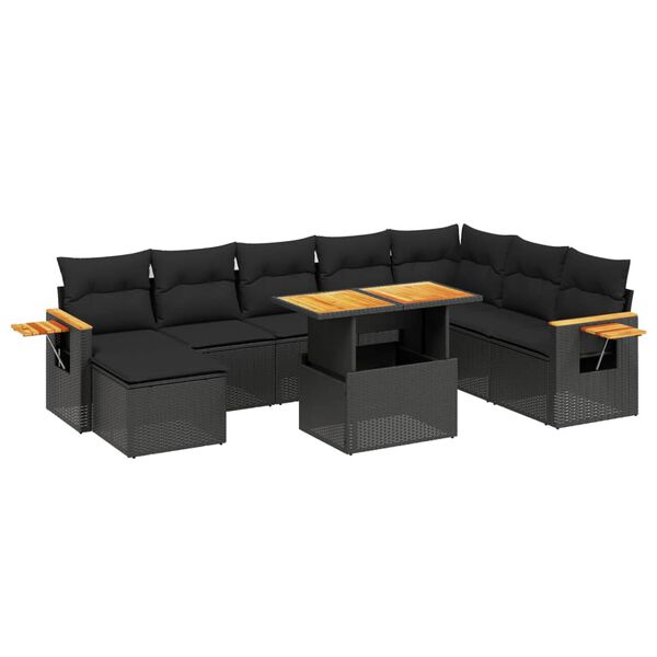 vidaXL Salon de jardin avec coussins 9 pcs noir résine tressée acacia