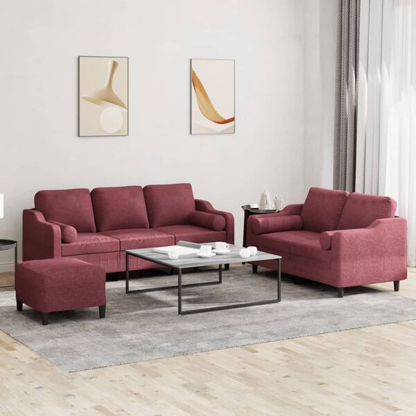vidaXL Ensemble de canap&eacute;s 3 pcs avec coussins rouge bordeaux tissu