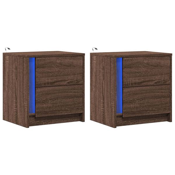 vidaXL Armoires de chevet et lumi&egrave;res LED 2 pcs ch&ecirc;ne marron