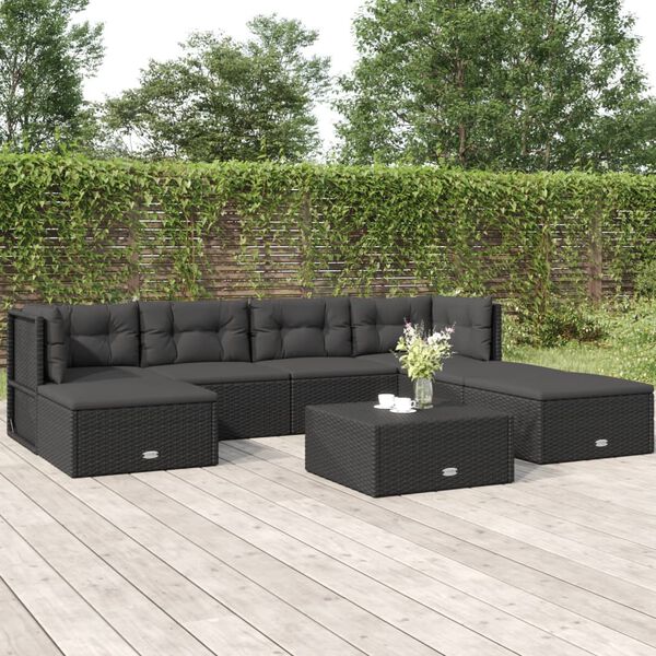 vidaXL Salon de jardin 7 pcs avec coussins Noir R&eacute;sine tress&eacute;e