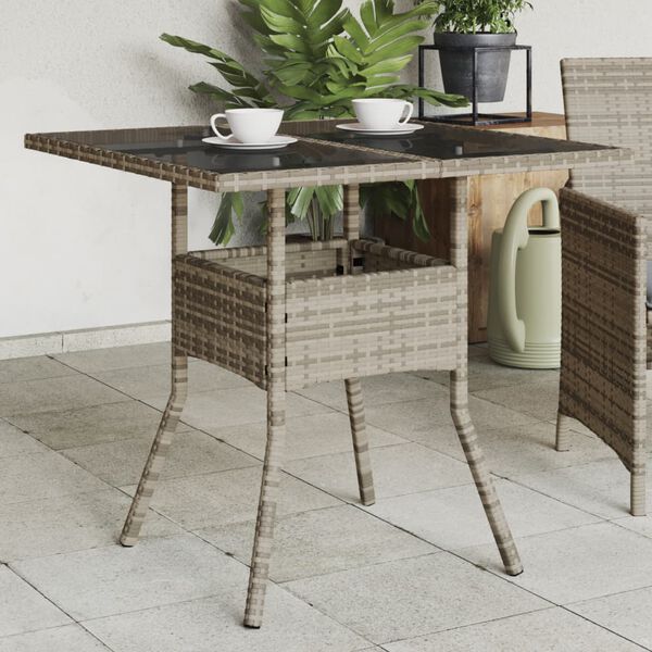 vidaXL Table de jardin dessus en verre gris 80x80x75 cm r&eacute;sine tress&eacute;e