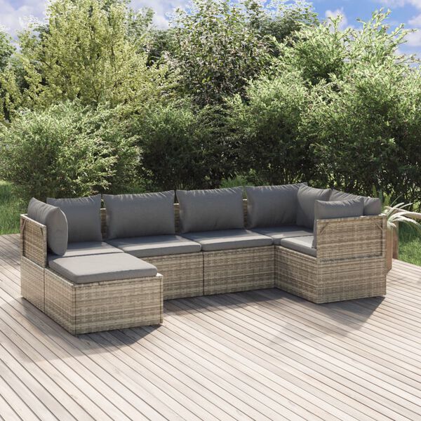 vidaXL Salon de jardin 6 pcs avec coussins Gris R&eacute;sine tress&eacute;e
