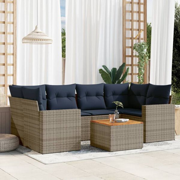 vidaXL Salon de jardin 7 pcs avec coussins gris r&eacute;sine tress&eacute;e
